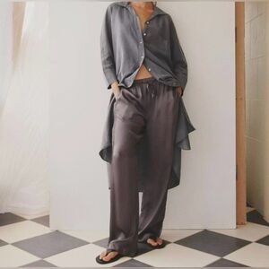 Zara Embroidered Satin Trousers Silver Gray  Size Small
Adjustable